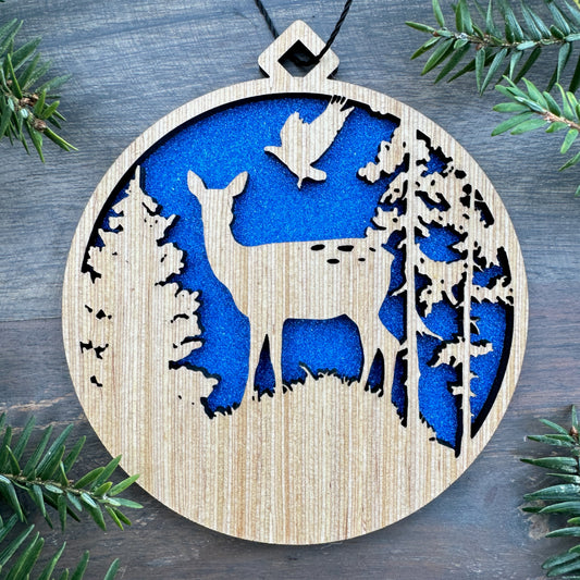 Doe Forest Scene Wood Ornament with Name