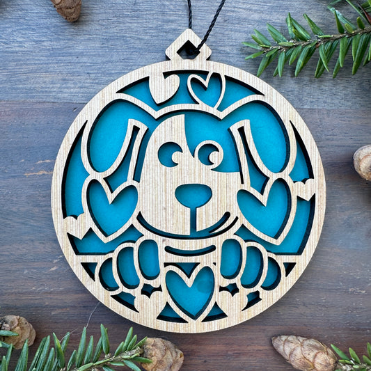 Puppy with Hearts Wood Ornament - 7 Colors - 2 Sizes