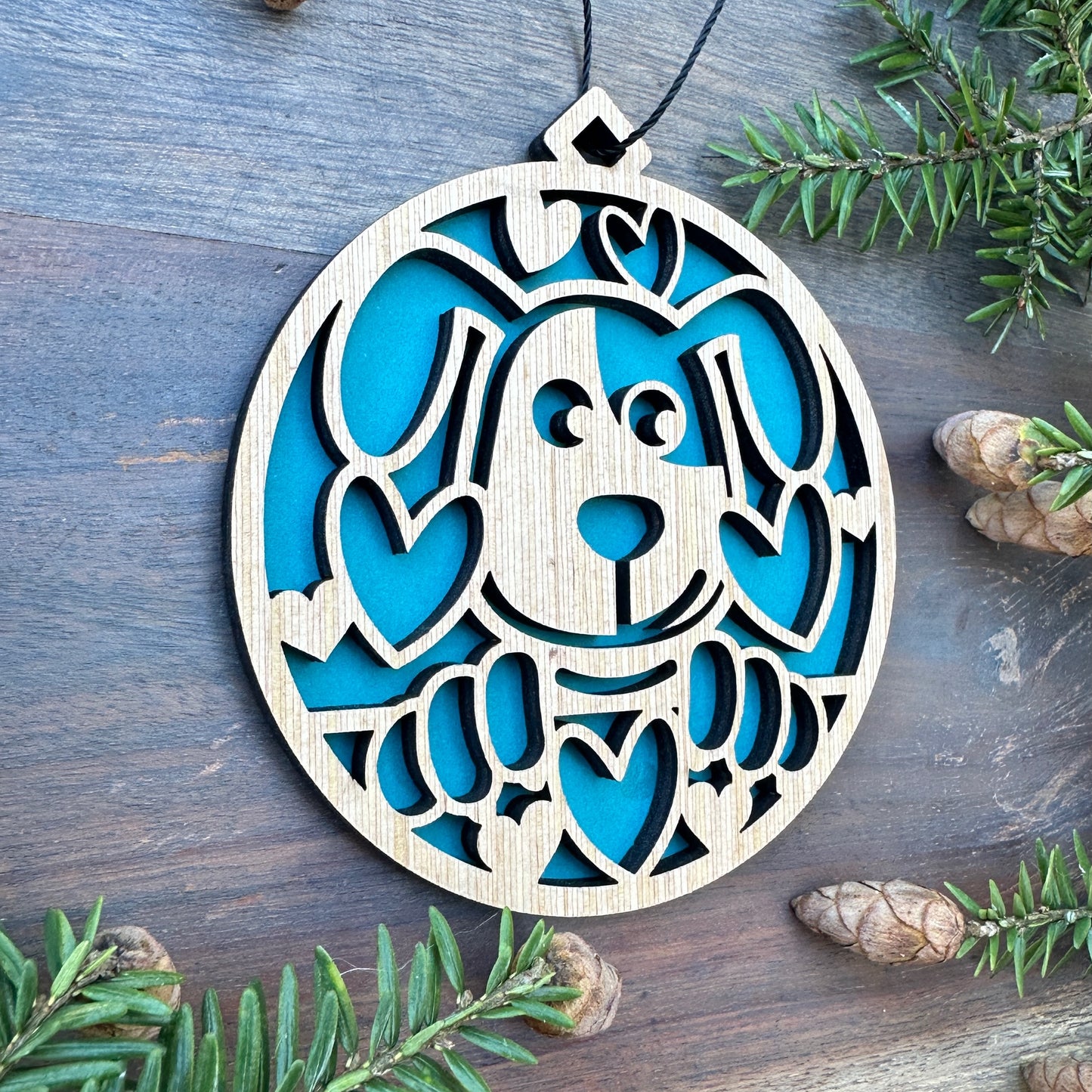 Puppy with Hearts Wood Ornament - 7 Colors - 2 Sizes