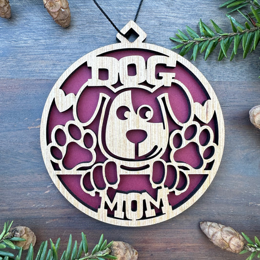 Dog Mom Wood Ornament - 7 Colors - 2 Sizes