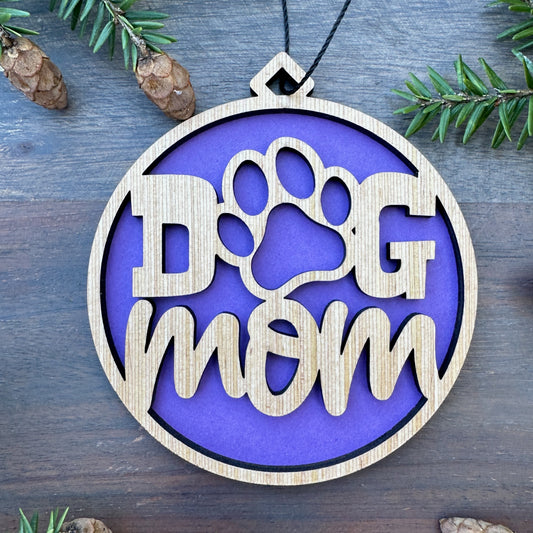 Dod Mom with Paw Wood Ornament - 7 Colors - 2 Sizes