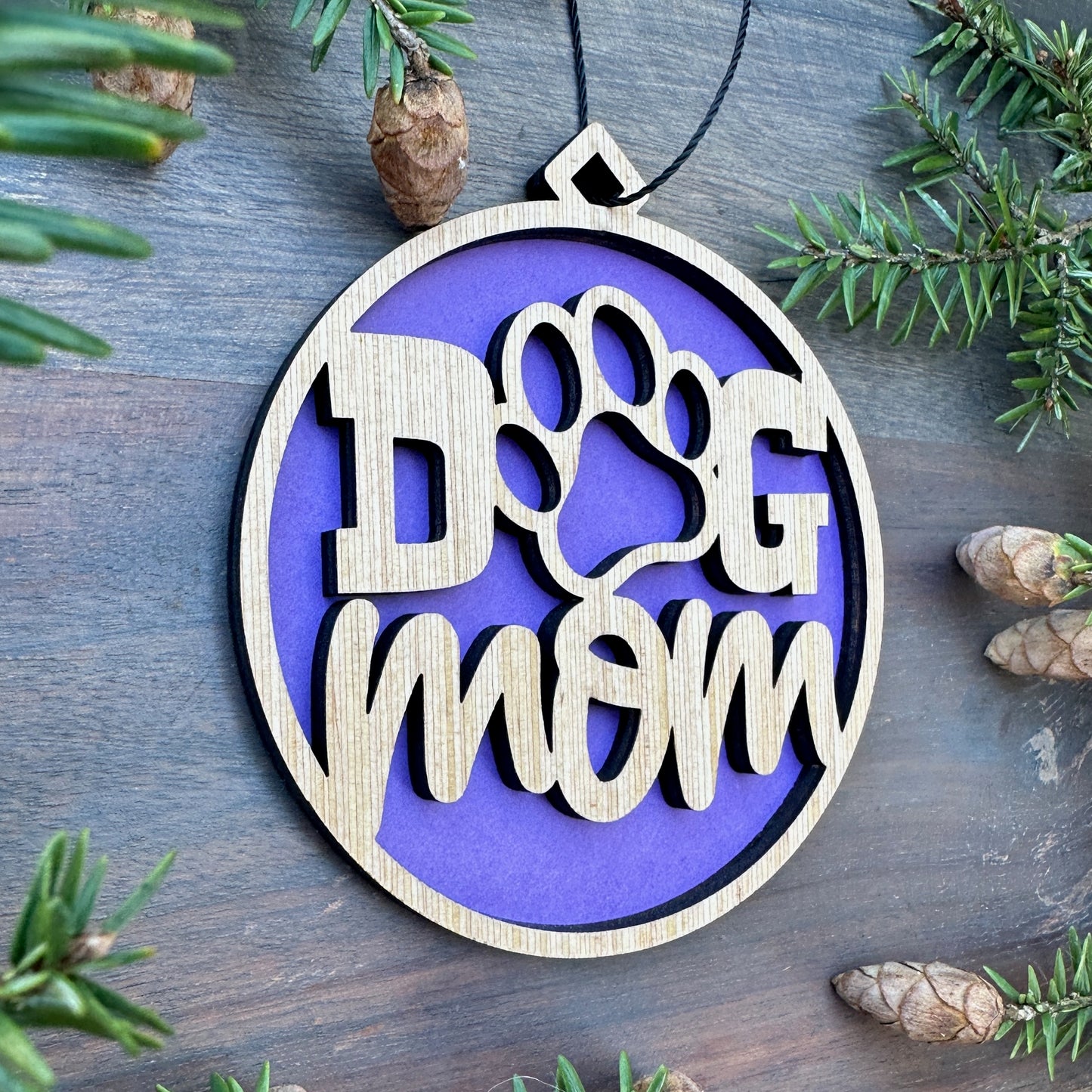 Dod Mom with Paw Wood Ornament - 7 Colors - 2 Sizes