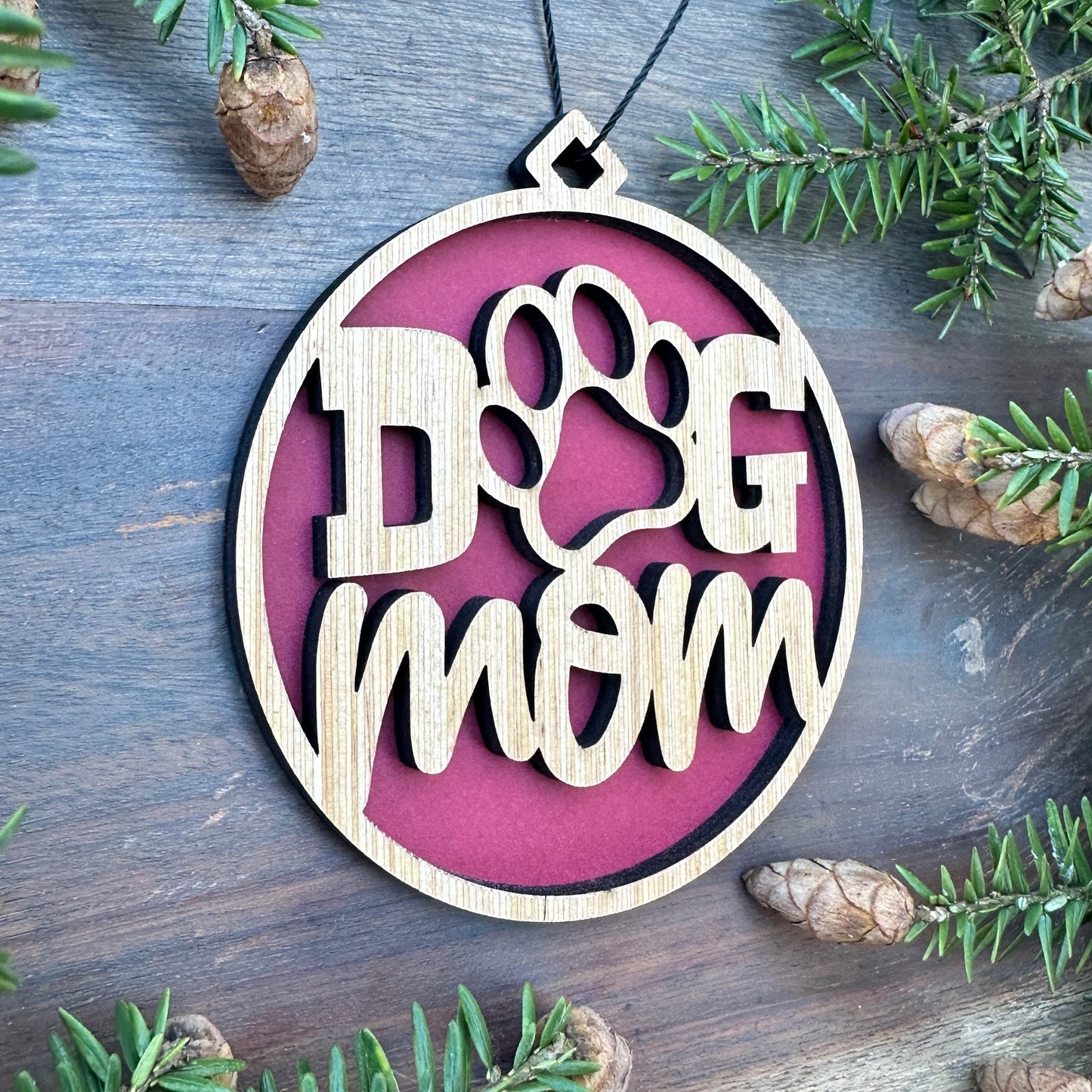Dod Mom with Paw Wood Ornament - 7 Colors - 2 Sizes