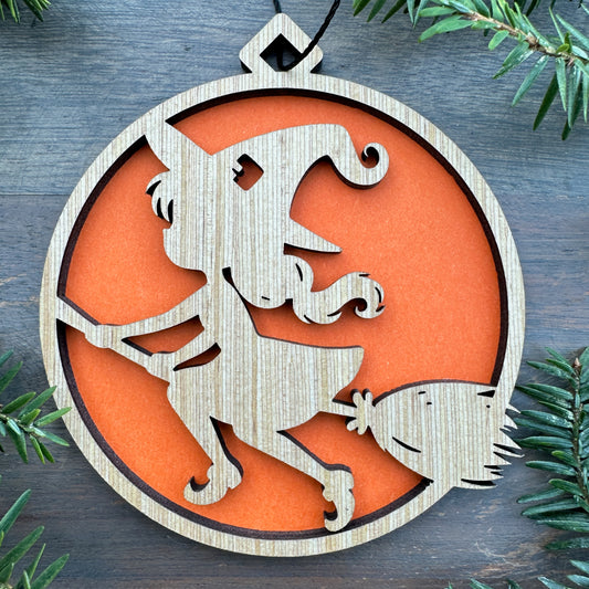 Flying Witch on Broom Halloween Wood Ornament
