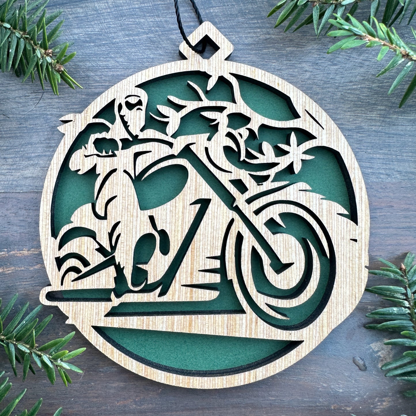 Motorcycle rider scene Wood Ornament