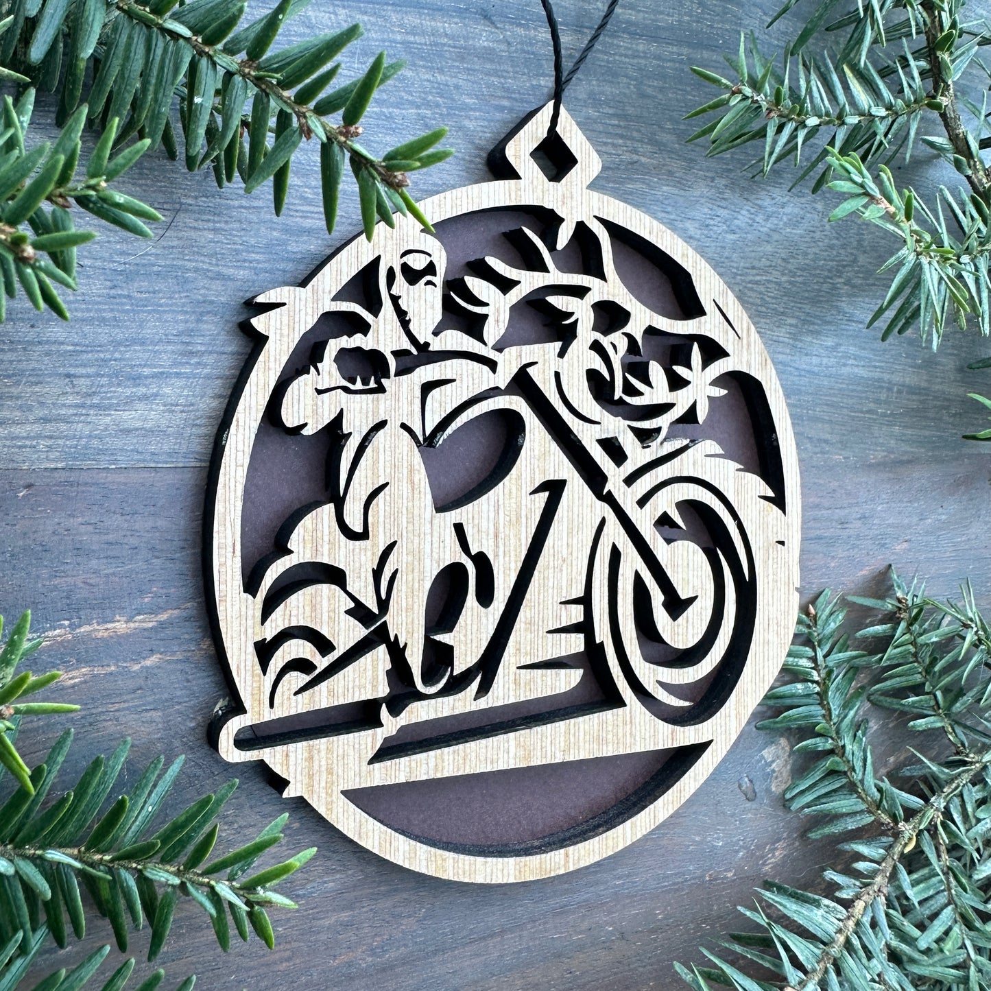 Motorcycle rider scene Wood Ornament