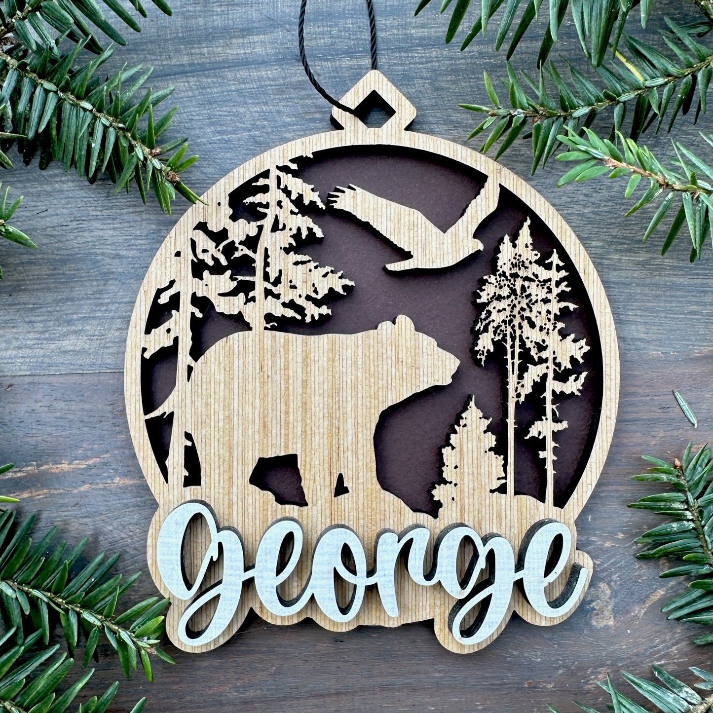 Personalized Black Bear Scene Wood Ornament with Name