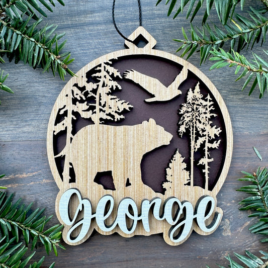 Personalized Black Bear Scene Wood Ornament with Name