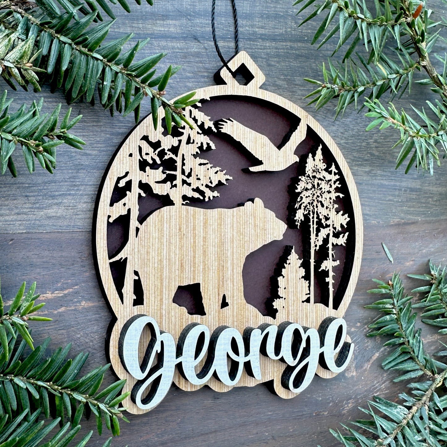 Personalized Black Bear Scene Wood Ornament with Name