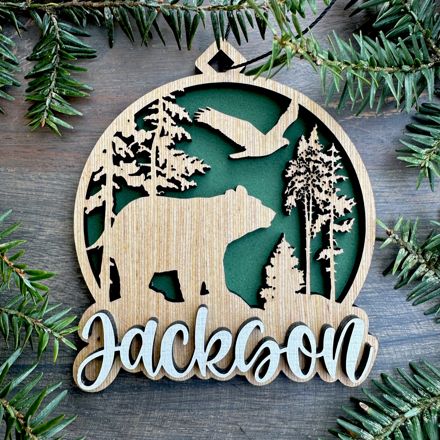 Personalized Black Bear Scene Wood Ornament with Name