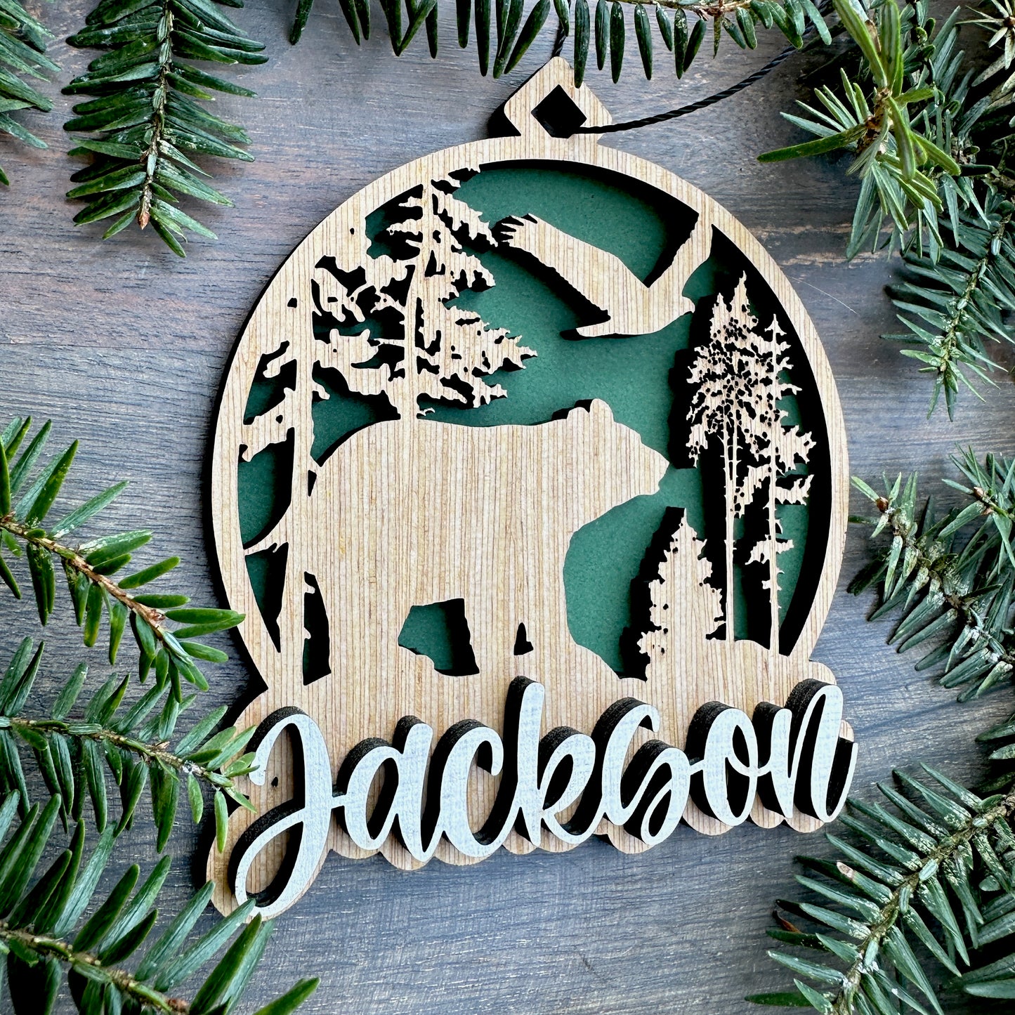 Personalized Black Bear Scene Wood Ornament with Name