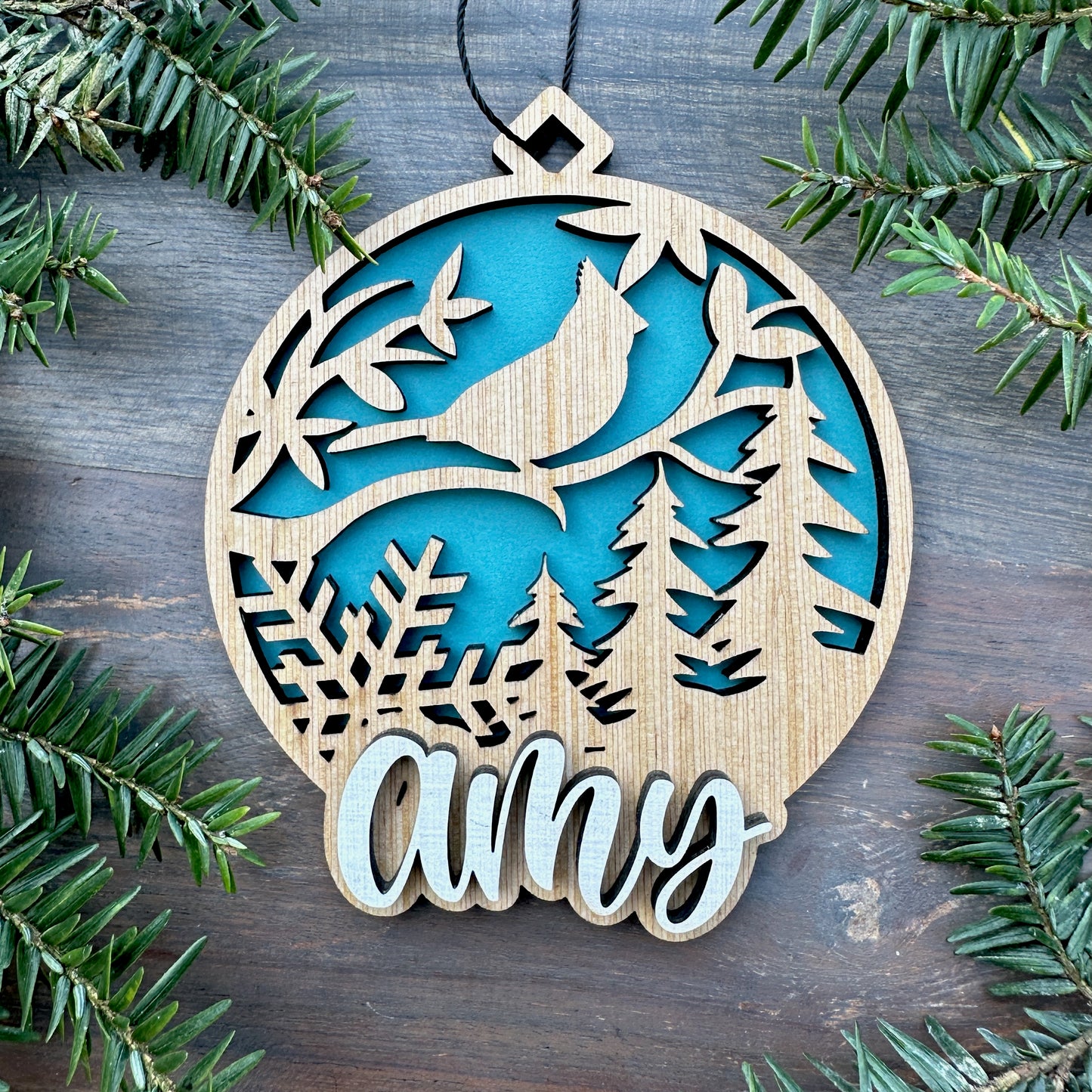 Personalized Cardinal Winter Wood Ornament with Name