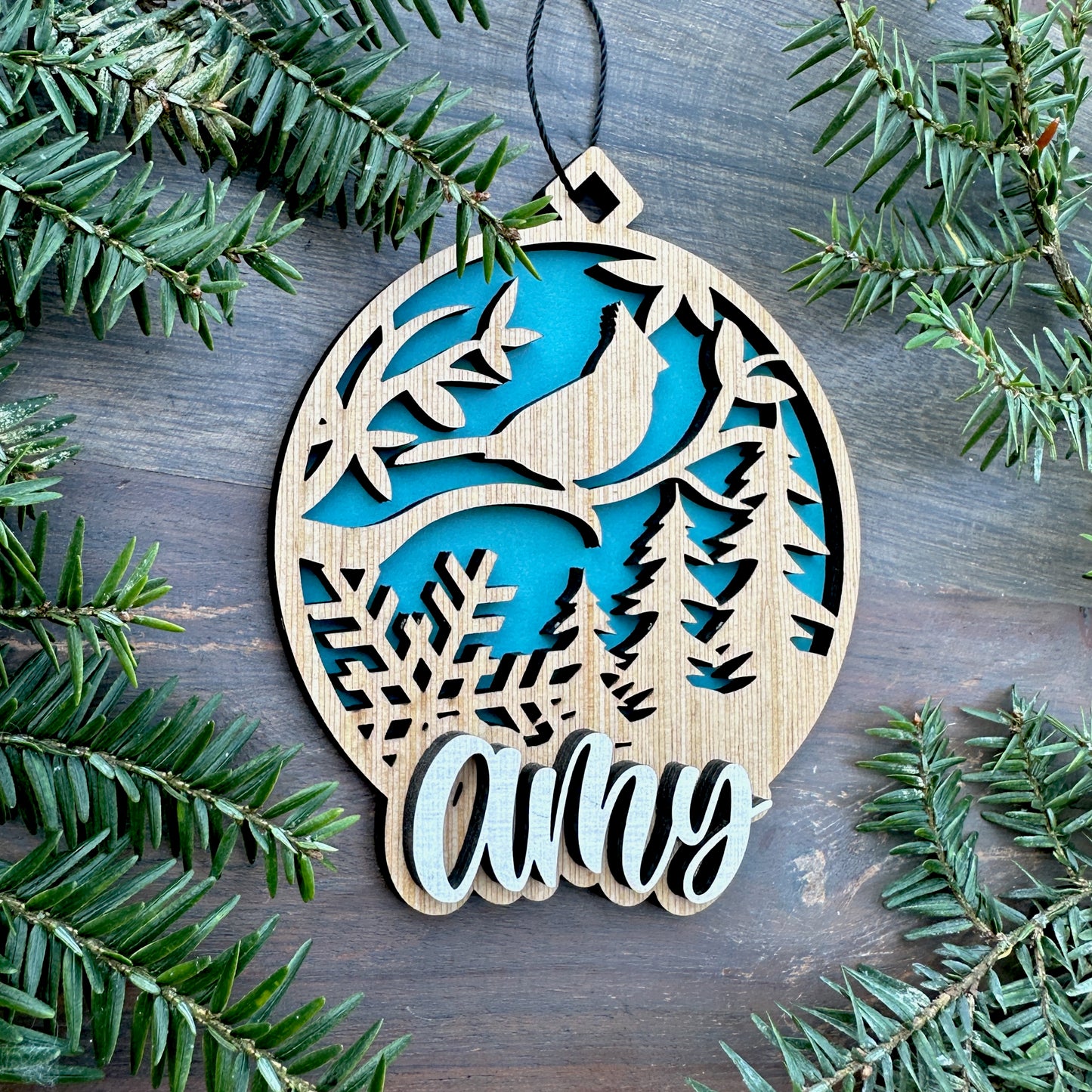 Personalized Cardinal Winter Wood Ornament with Name