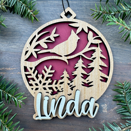 Personalized Cardinal Winter Wood Ornament with Name