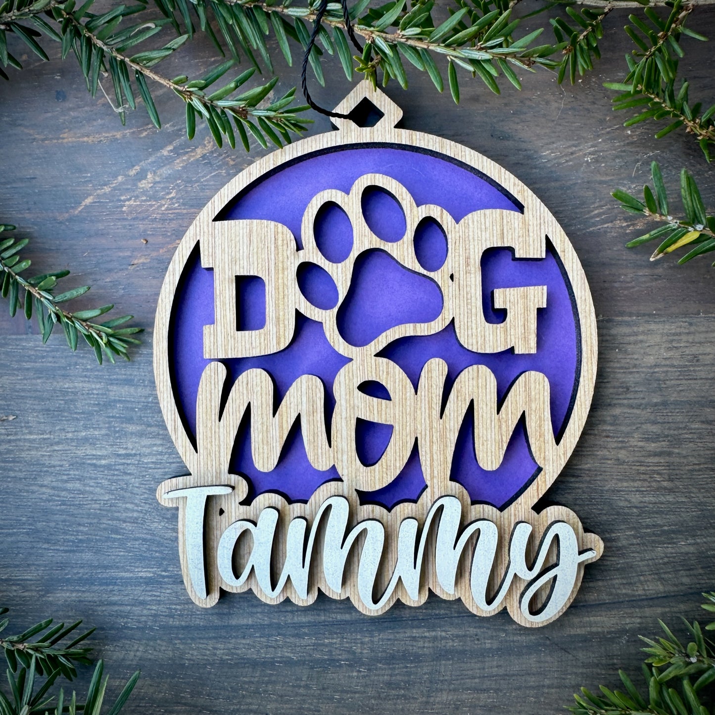 Personalized Dog Mom Wood Ornament with Name