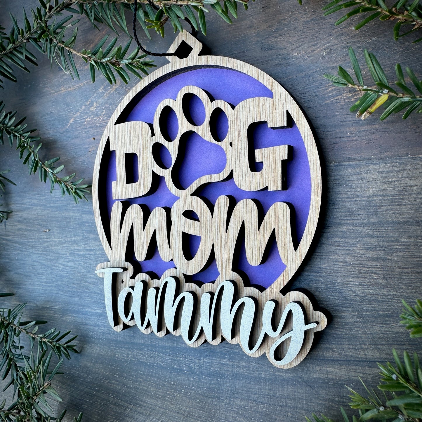 Personalized Dog Mom Wood Ornament with Name