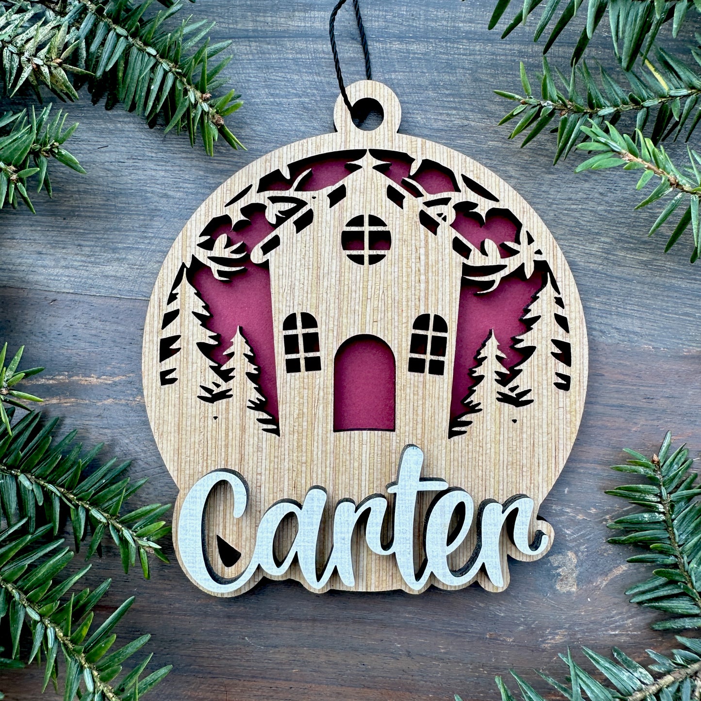 Personalized Gingerbread House Scene Wood Ornament with Name