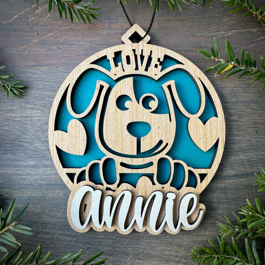 Personalized I Love Dogs Wood Ornament with Name