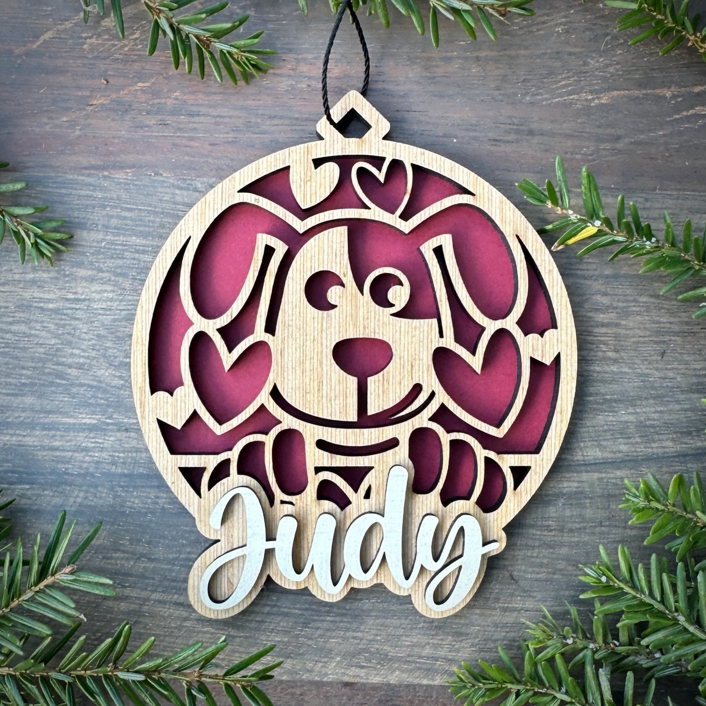 Personalized Puppy Dog with Hearts Wood Ornament with Name