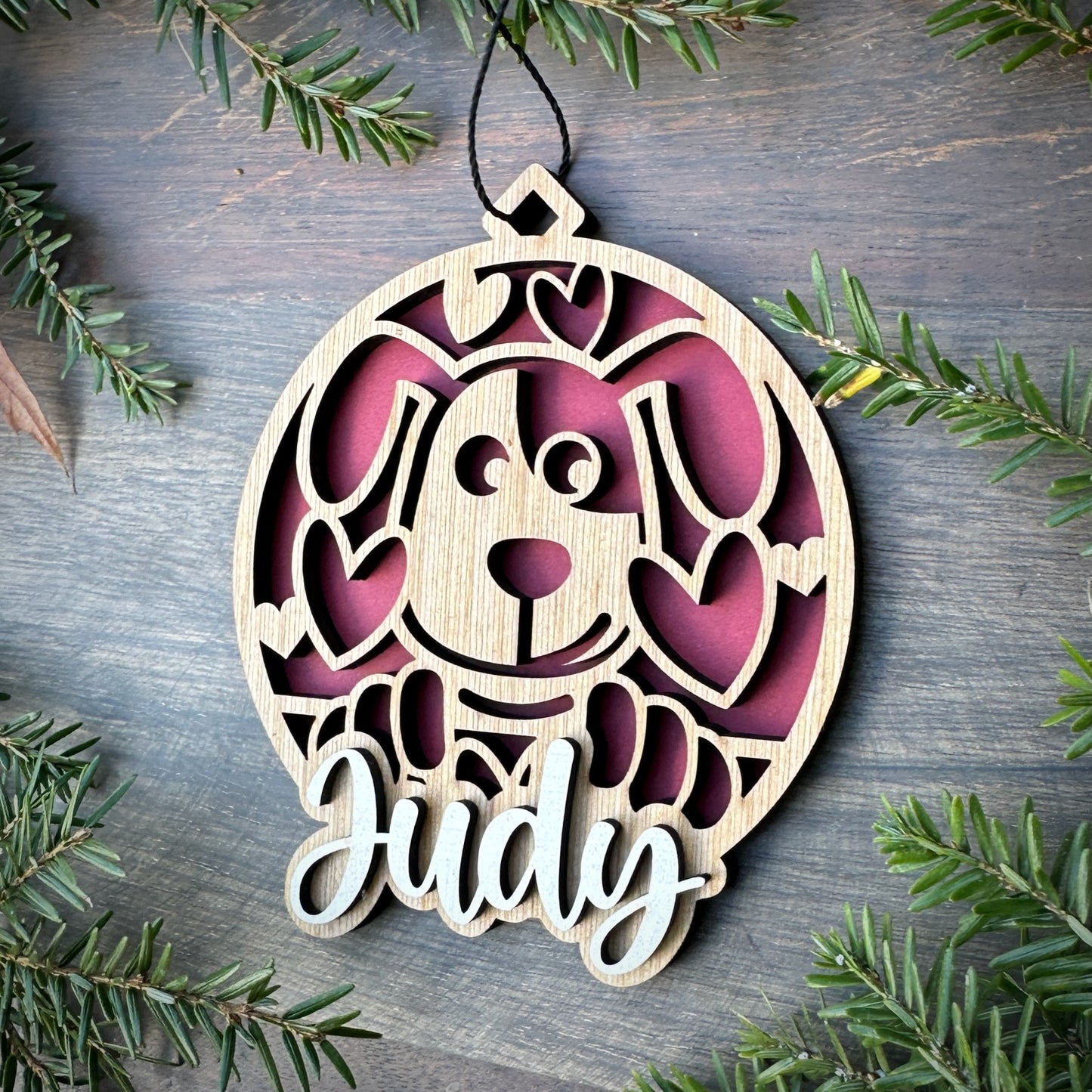 Personalized Puppy Dog with Hearts Wood Ornament with Name
