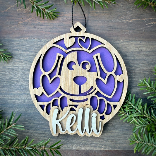 Personalized Puppy Dog with Hearts Wood Ornament with Name
