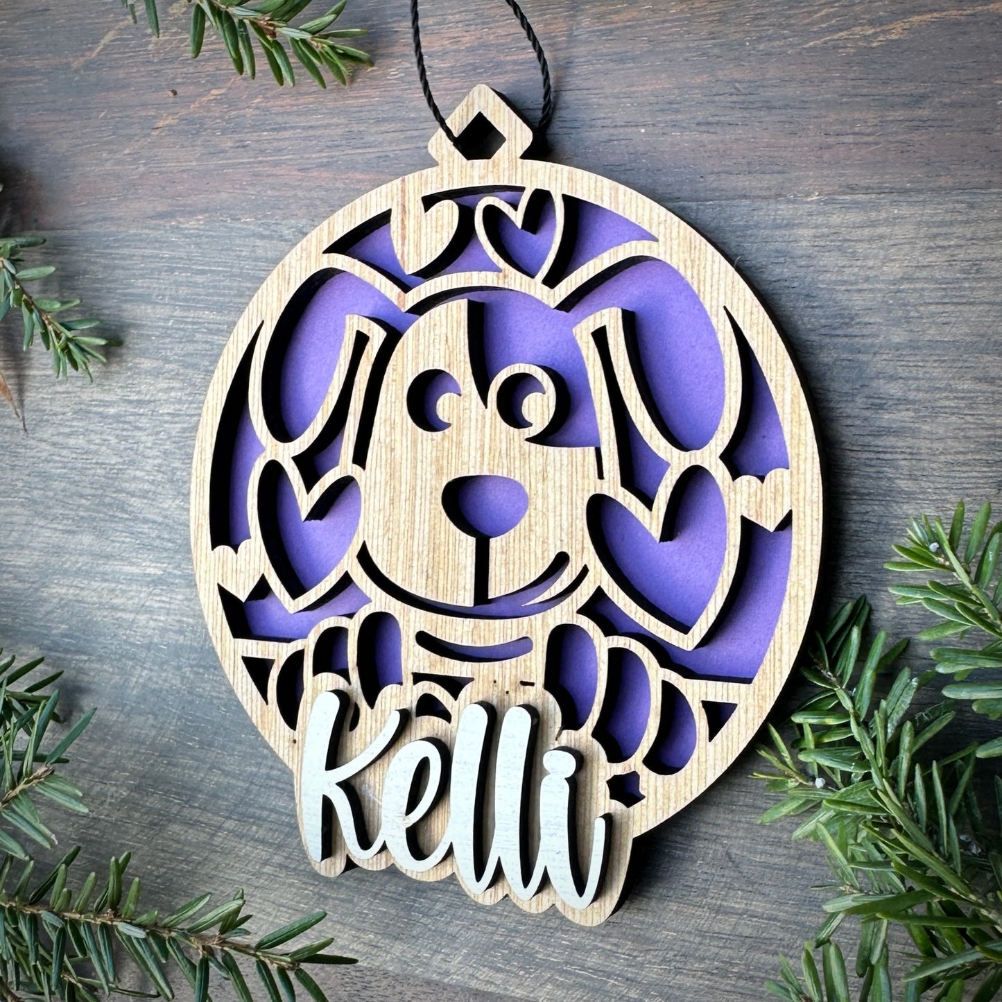 Personalized Puppy Dog with Hearts Wood Ornament with Name