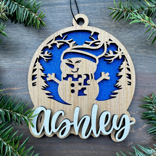 Personalized Snowman Wood Ornament with Name