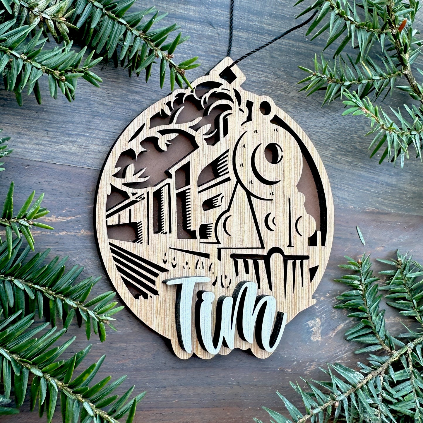 Personalized Stream Engine Train Wood Ornament with Name