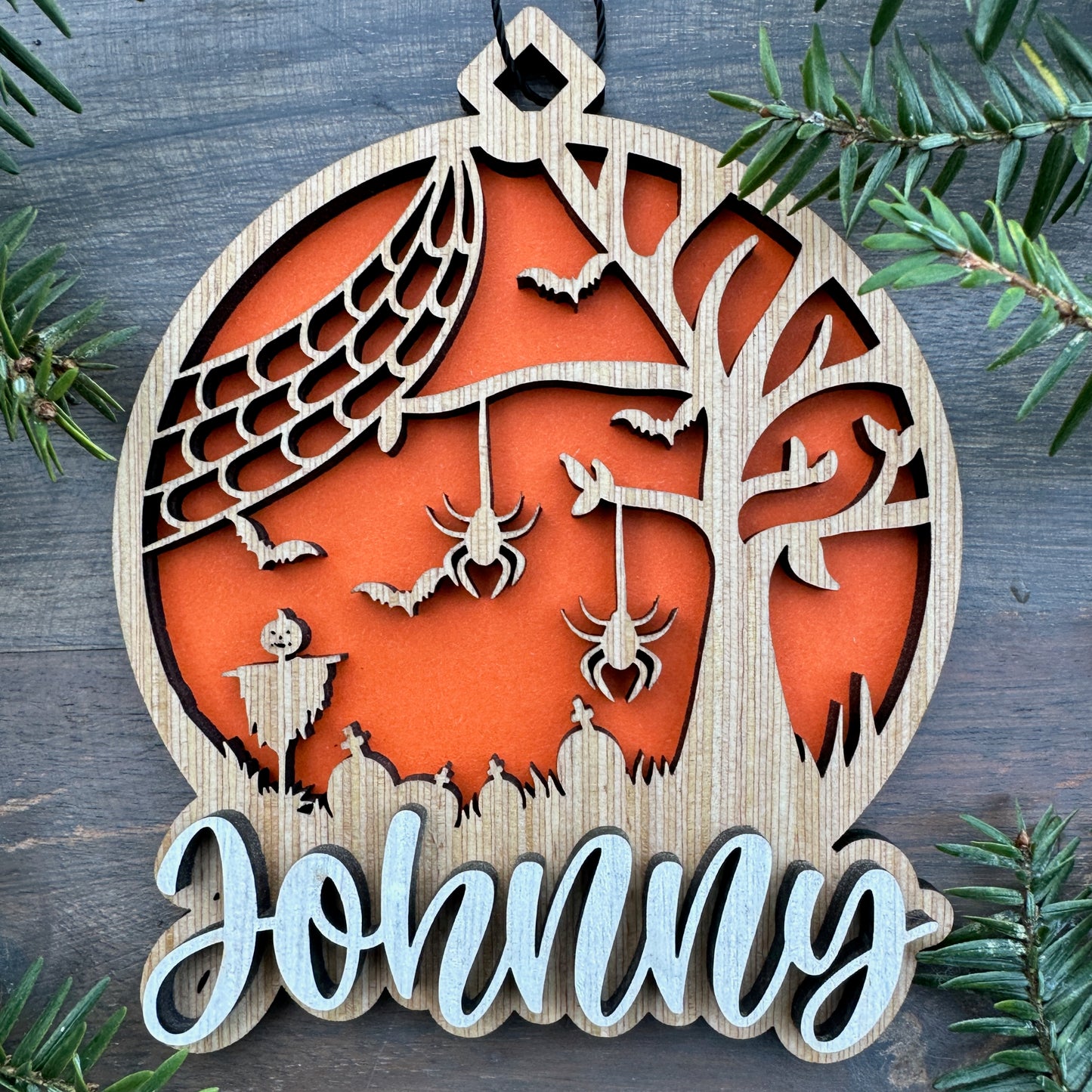 Personalized Halloween Spider Wood Ornament with Name