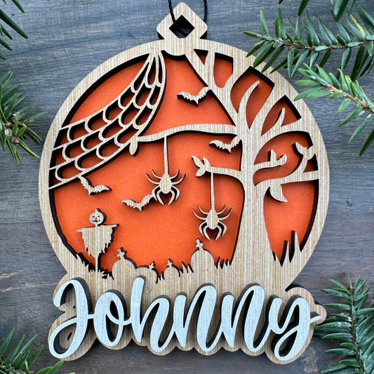 Personalized Halloween Spider Wood Ornament with Name