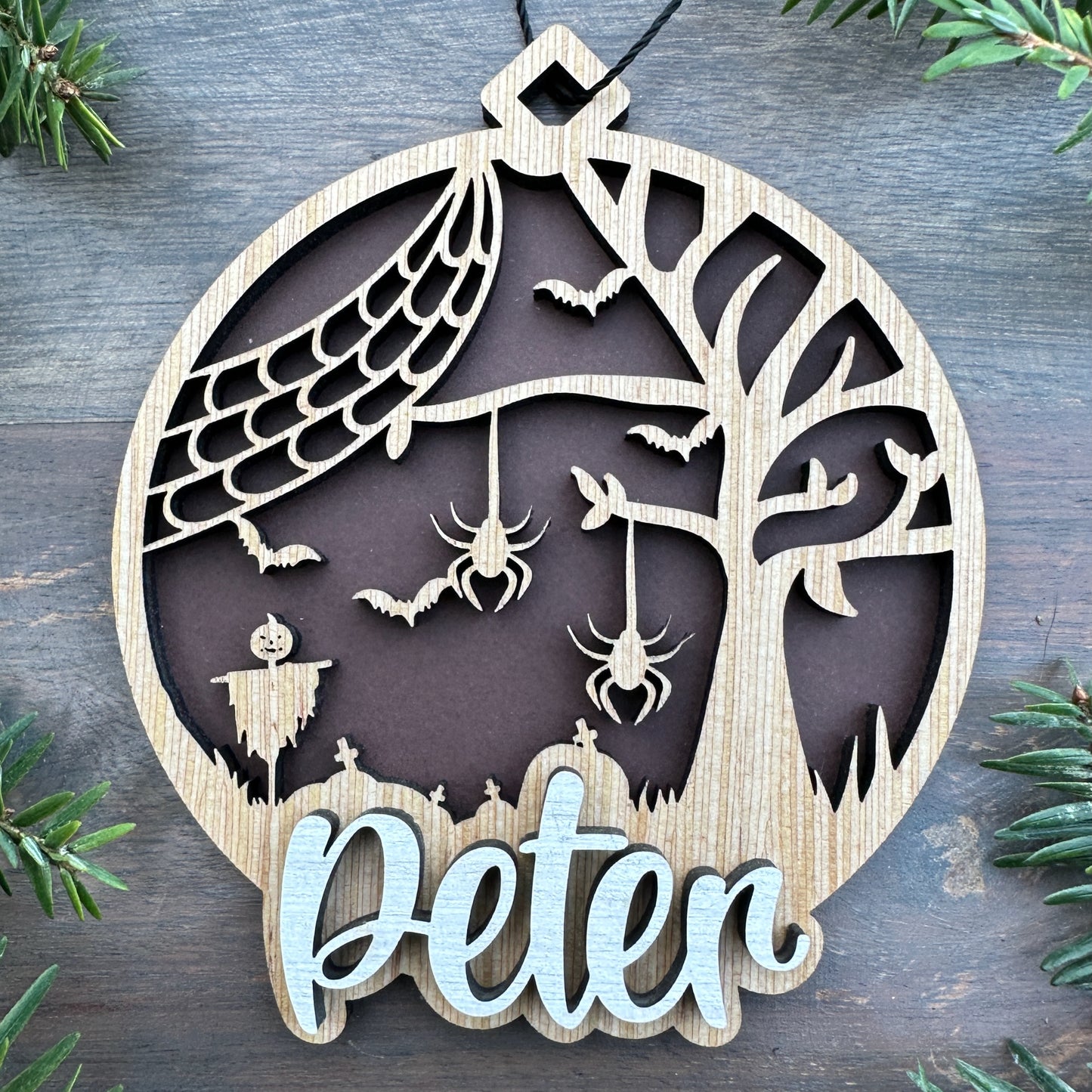 Personalized Halloween Spider Wood Ornament with Name