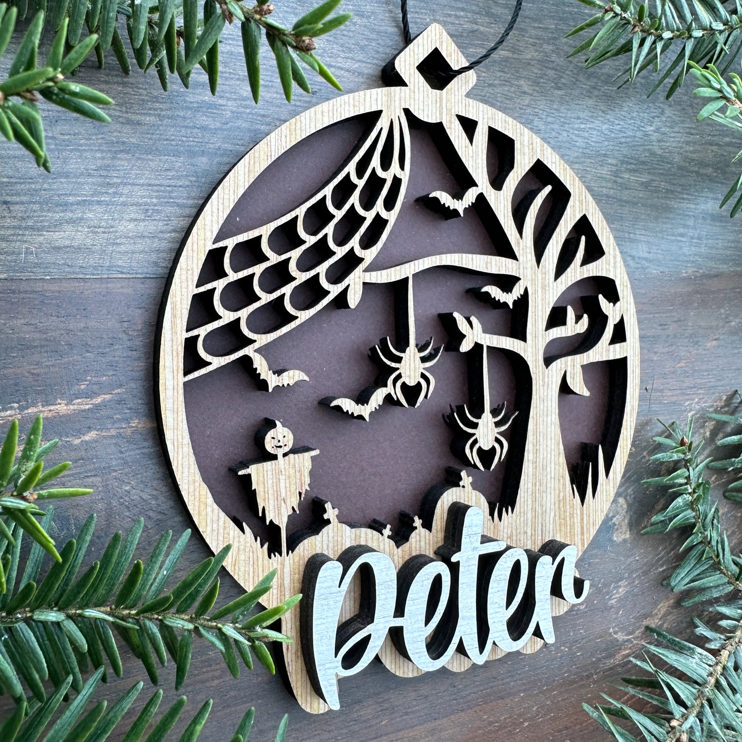Personalized Halloween Spider Wood Ornament with Name