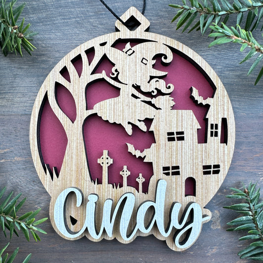 Personalized Halloween Witch Scene Wood Ornament with Name