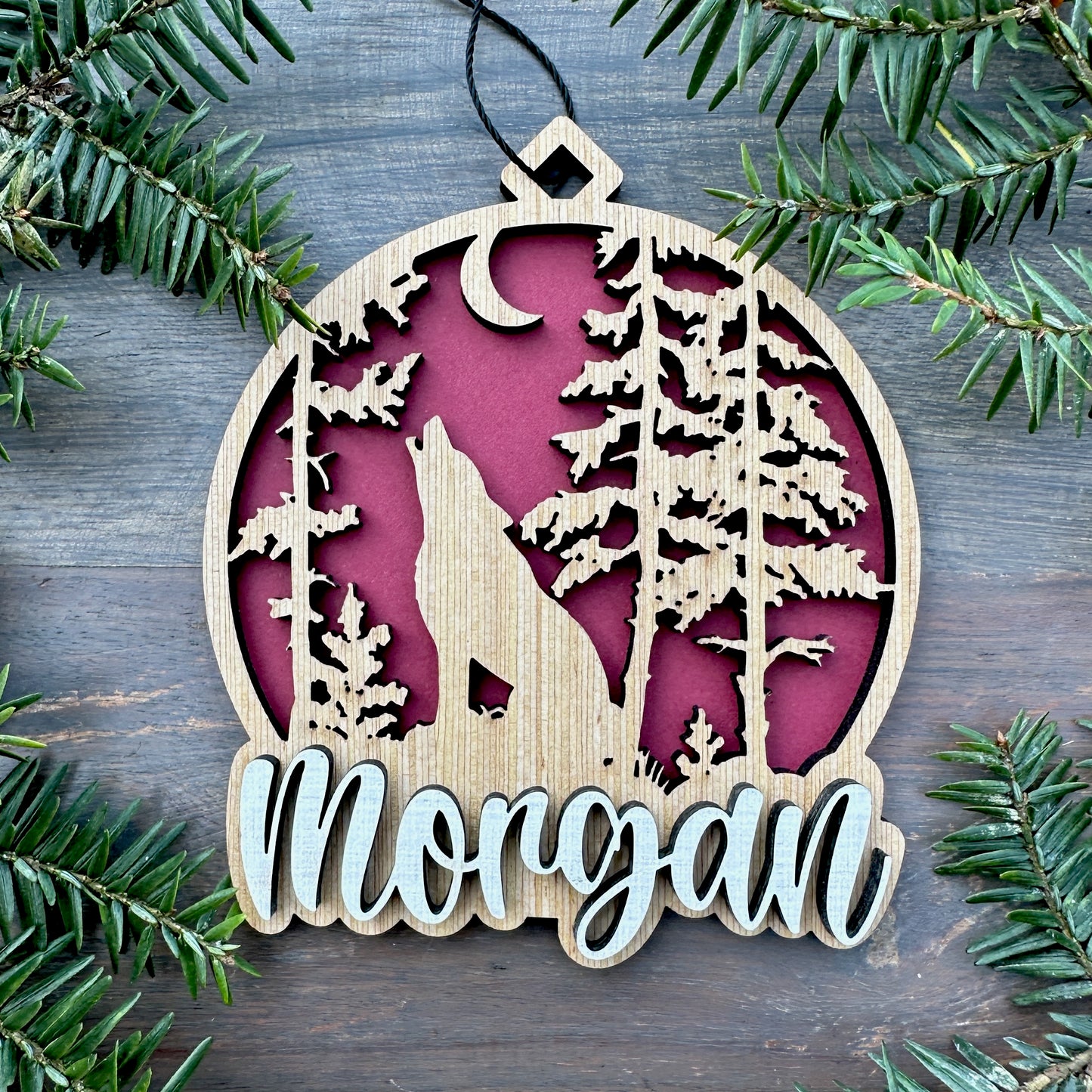 Personalized Wolf Scene Wood Ornament with Name