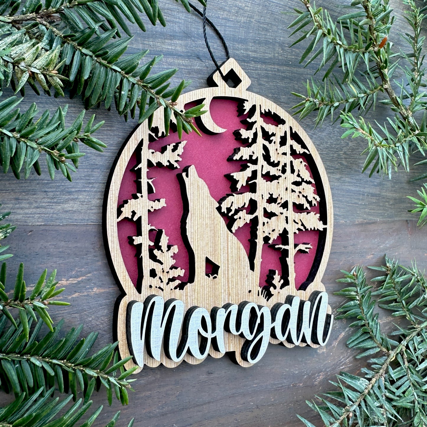 Personalized Wolf Scene Wood Ornament with Name