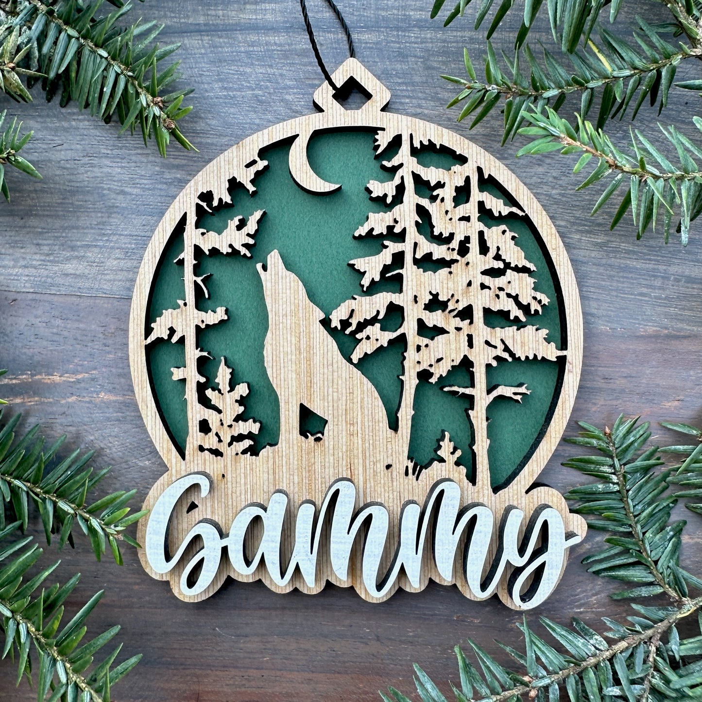 Personalized Wolf Scene Wood Ornament with Name