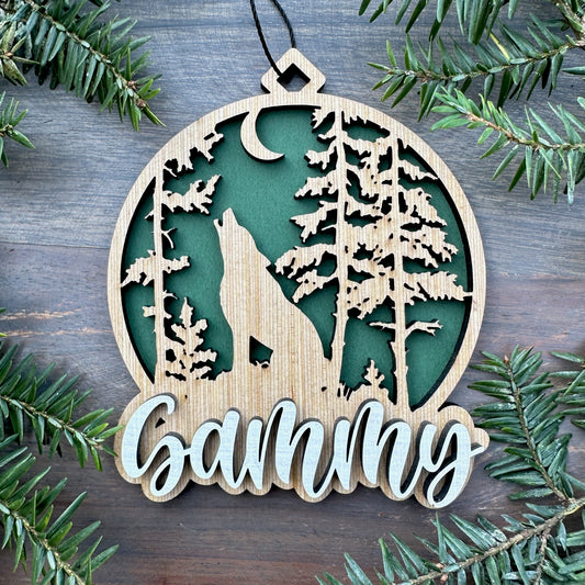 Personalized Wolf Scene Wood Ornament with Name