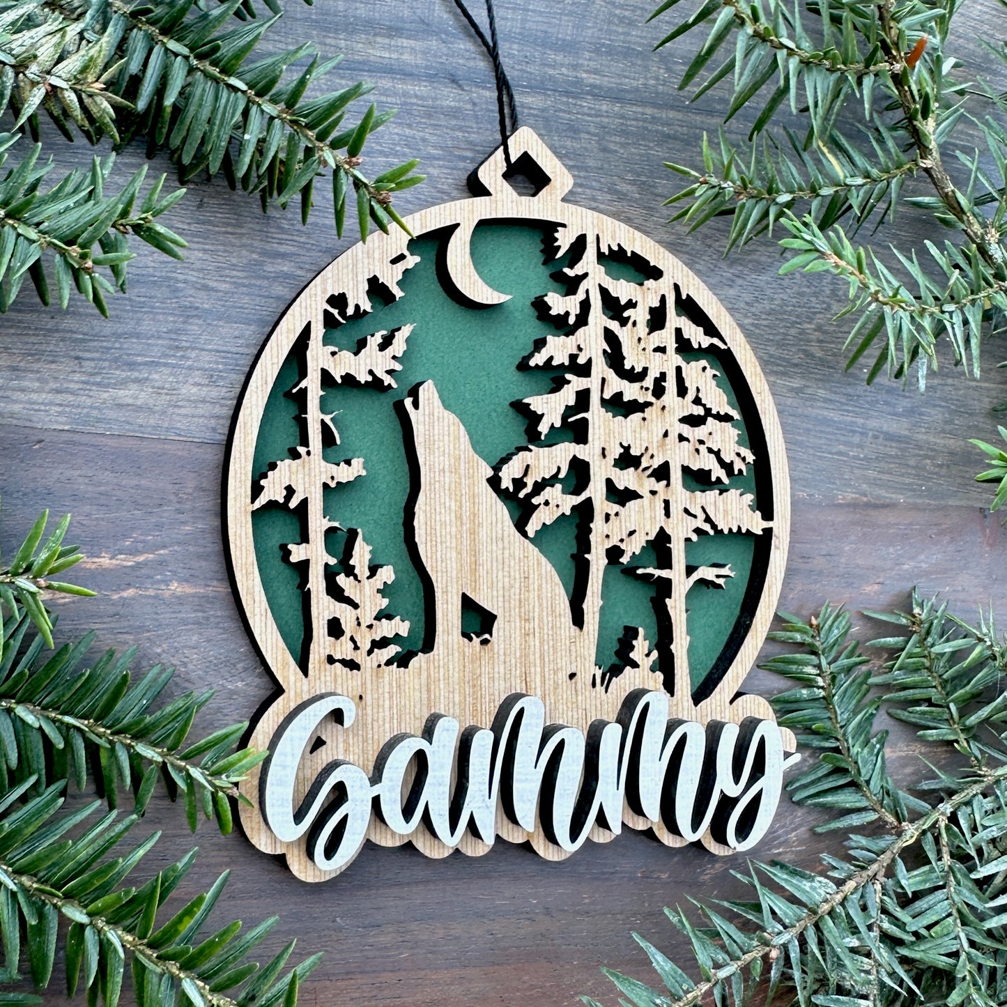Personalized Wolf Scene Wood Ornament with Name
