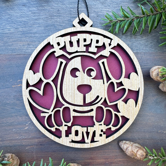 Puppy Love Wood Ornament - 7 Colors - 2 Sizes