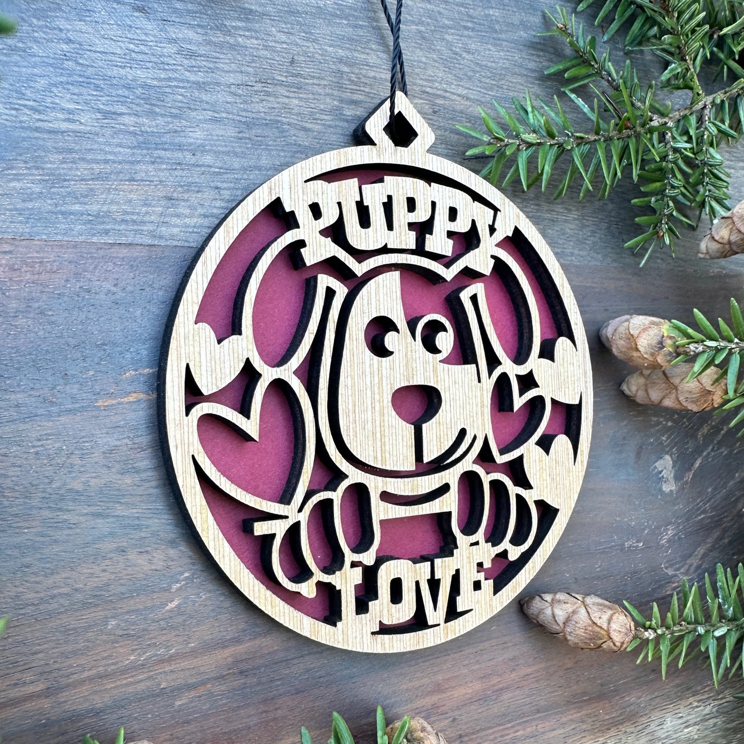 Puppy Love Wood Ornament - 7 Colors - 2 Sizes