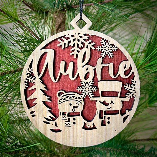 Personalized Wood Snowman Ornament Your Choice of Background Color