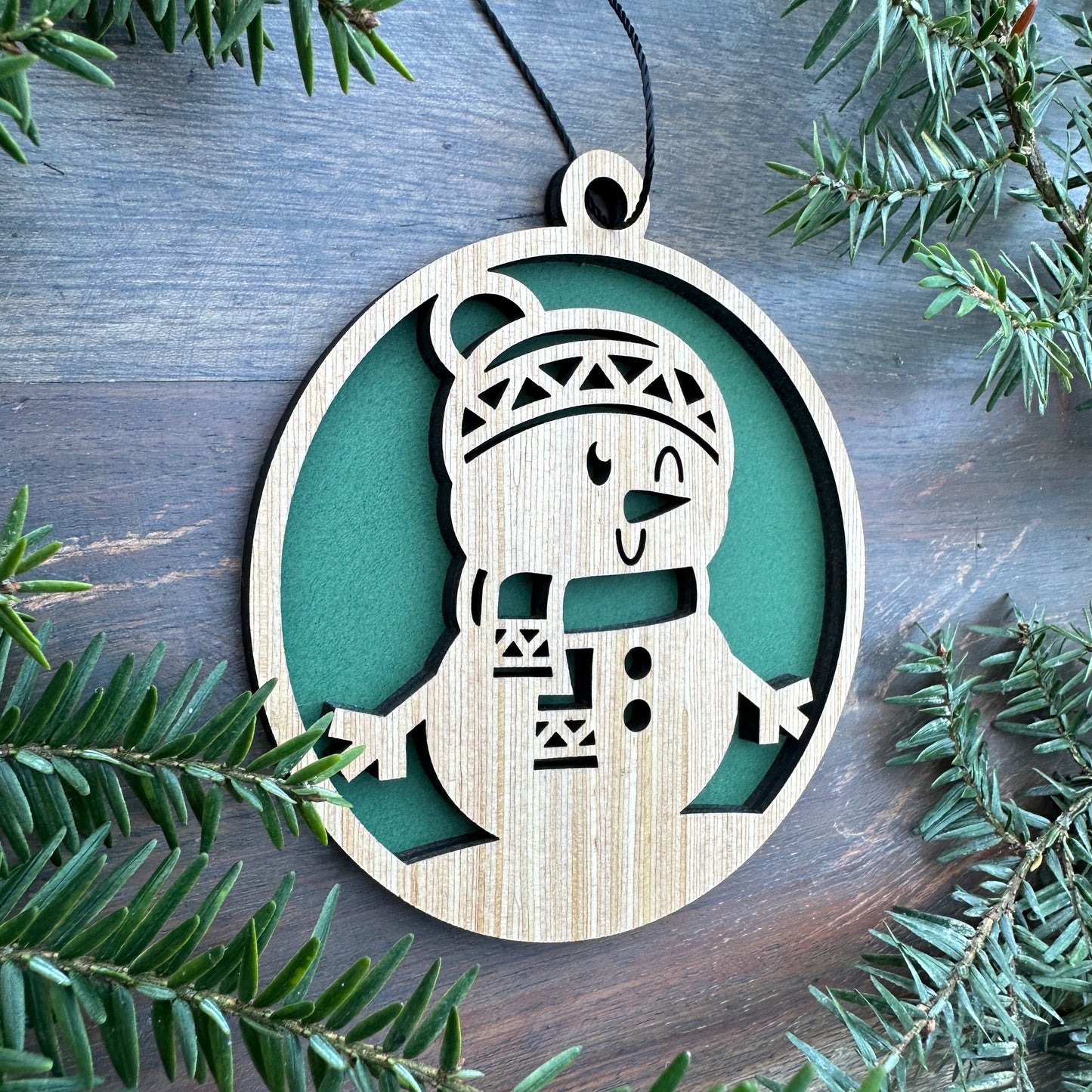 Snowman Winter Scene Wood Ornament
