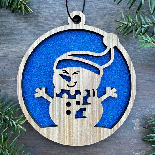 Snowman Winter Scene Wood Ornament