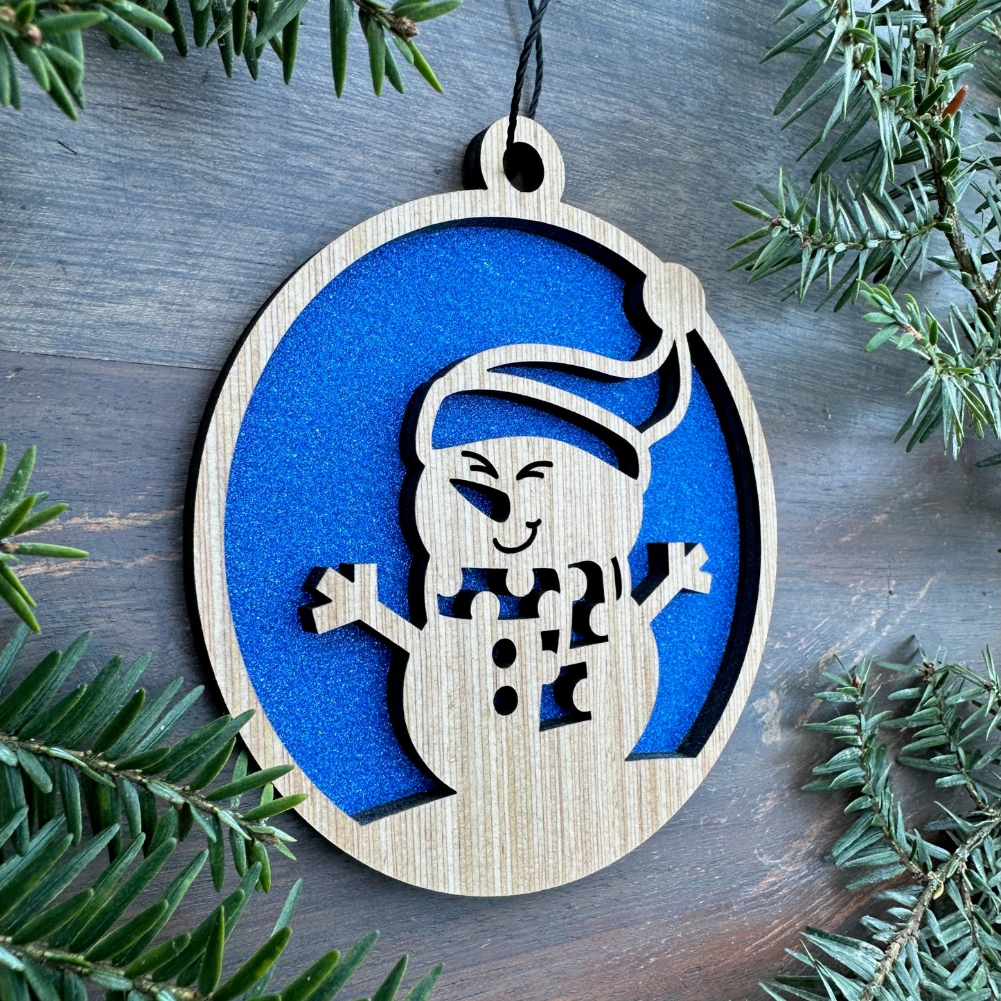 Snowman Winter Scene Wood Ornament