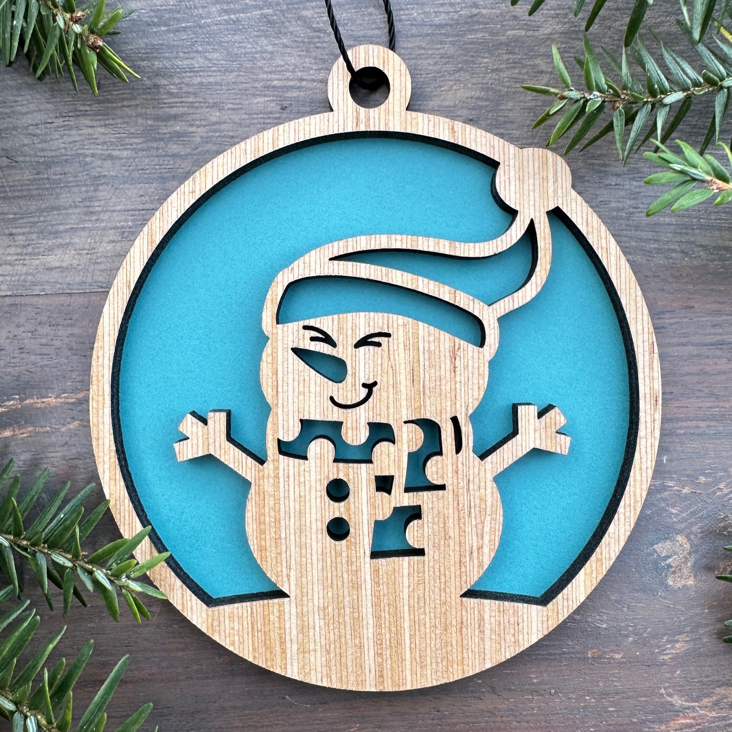 Snowman Winter Scene Wood Ornament