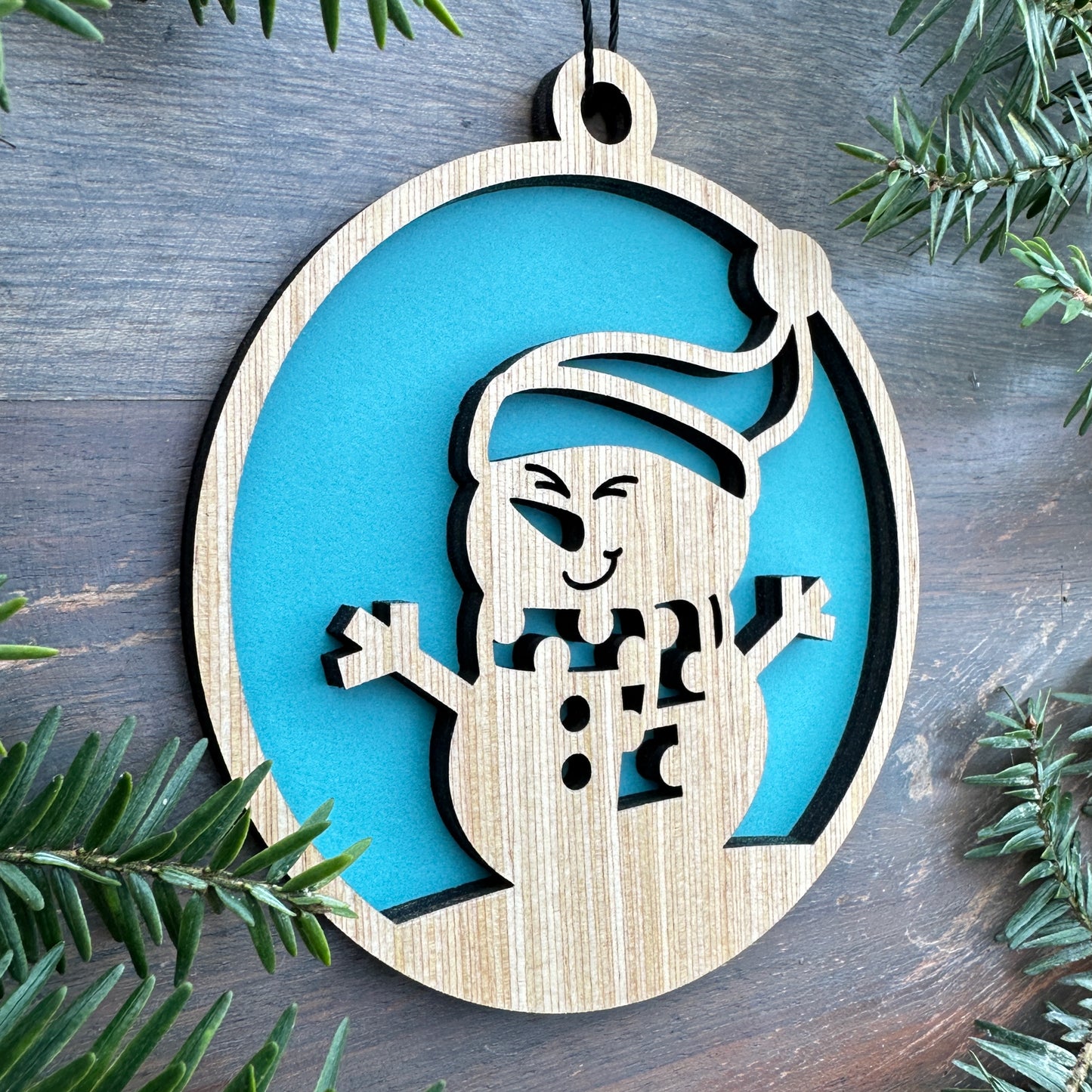 Snowman Winter Scene Wood Ornament