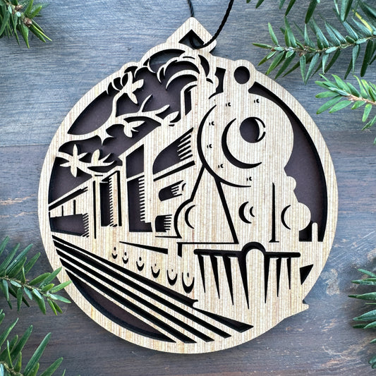 Steam Engine Scene Wood Ornament