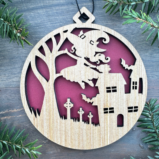 Halloween Witch Scene Wood Ornament