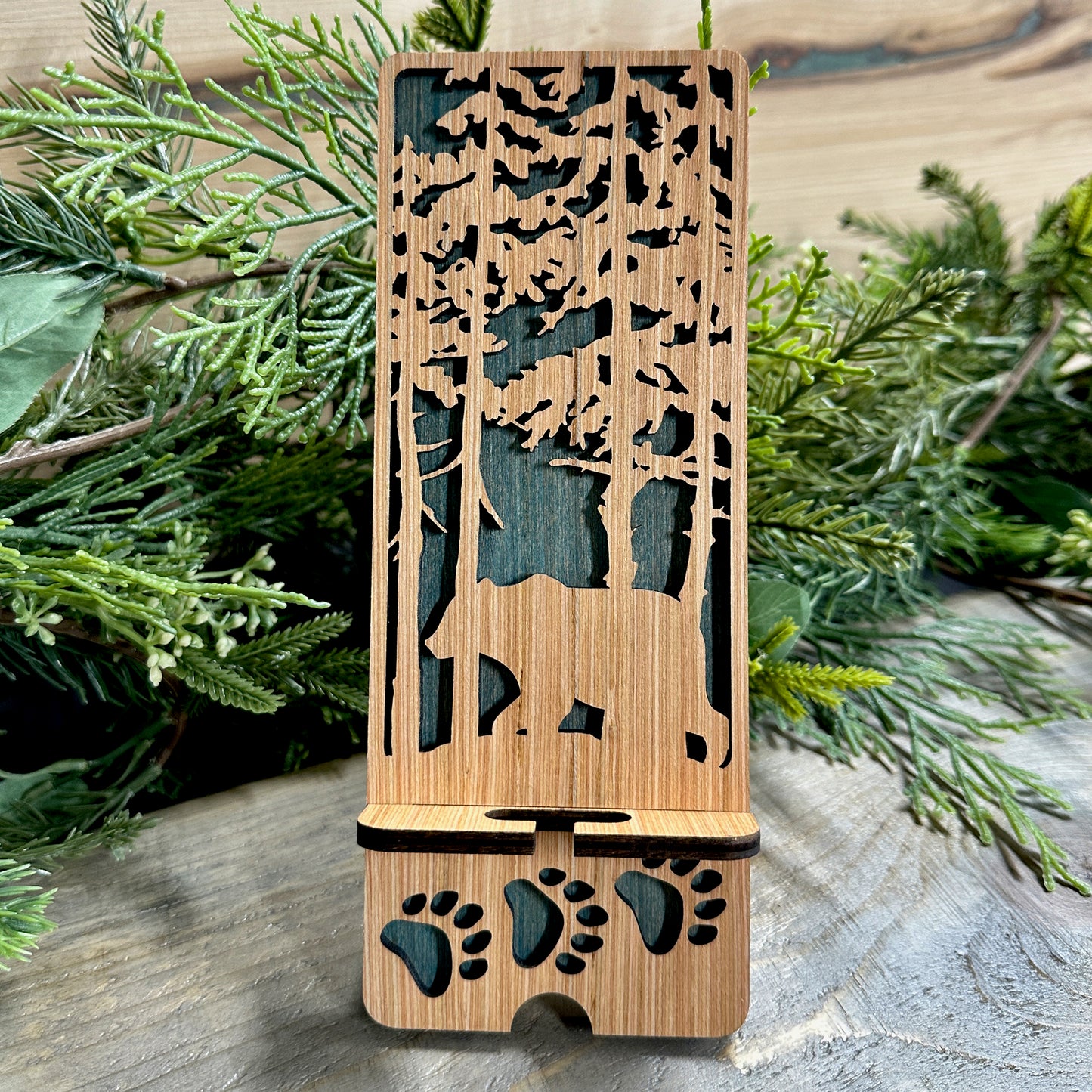 Wood Phone Stand and Decor - Bear in Forest