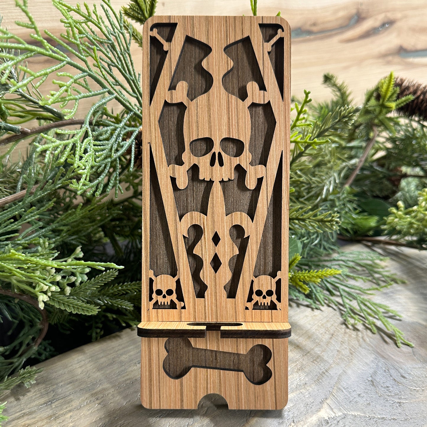 Wood Phone Stand and Decor - Skull, Crossbones and Casket Design